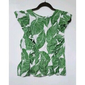 WAVERLY GREY Largr White Green Palm Leaf Linen Tank Top Peplum Ruffle